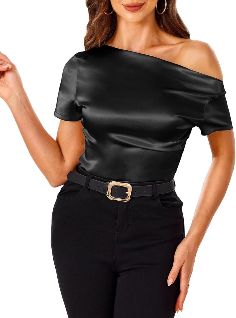 VIDUSSA Off Shoulder Tops for Women - Silk Satin Blouse Dressy Casual Short Sleeve Ruched Asymmetrical Summer Shirts (XX-Large, Black)