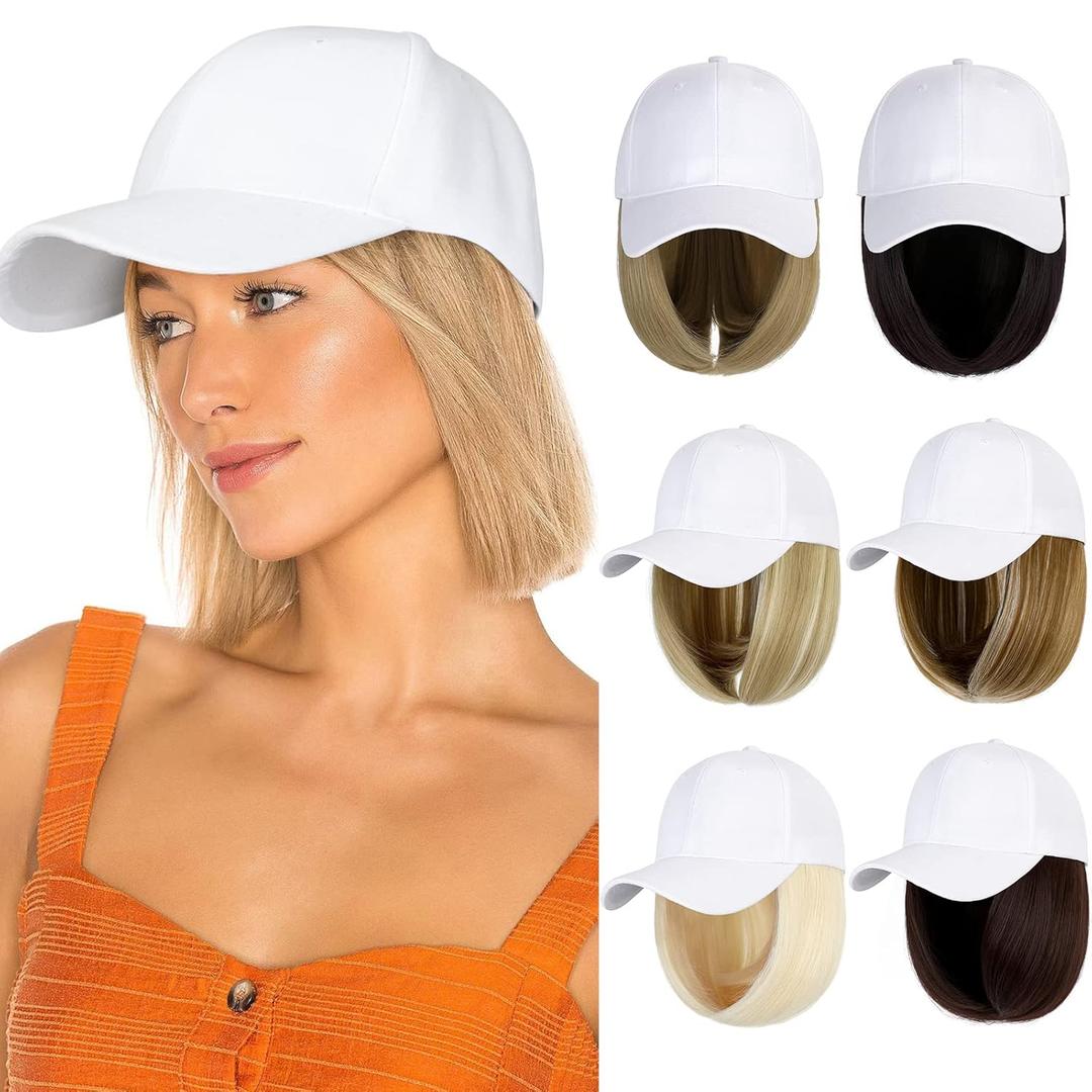 Baseball Cap with Hair Extensions Hat Wig Adjustable Hat Attached Short Straight 14" Synthetic Hairpiece for Women Ginger Brown Mix Bleach Blonde