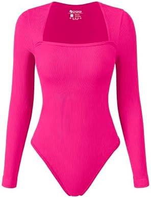 OQQ Women's Bodysuits Sexy Ribbed Square Neck Long Sleeve Tummy Control Casual Fall Bodysuits, Small