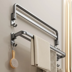 Adhesive No Drill Wall Mounted Towel Rack - 19.7" Rustproof Aluminum Bathroom Towel Holder, Lightweight Space Gray Stick-On Towel Rod (1-Piece)