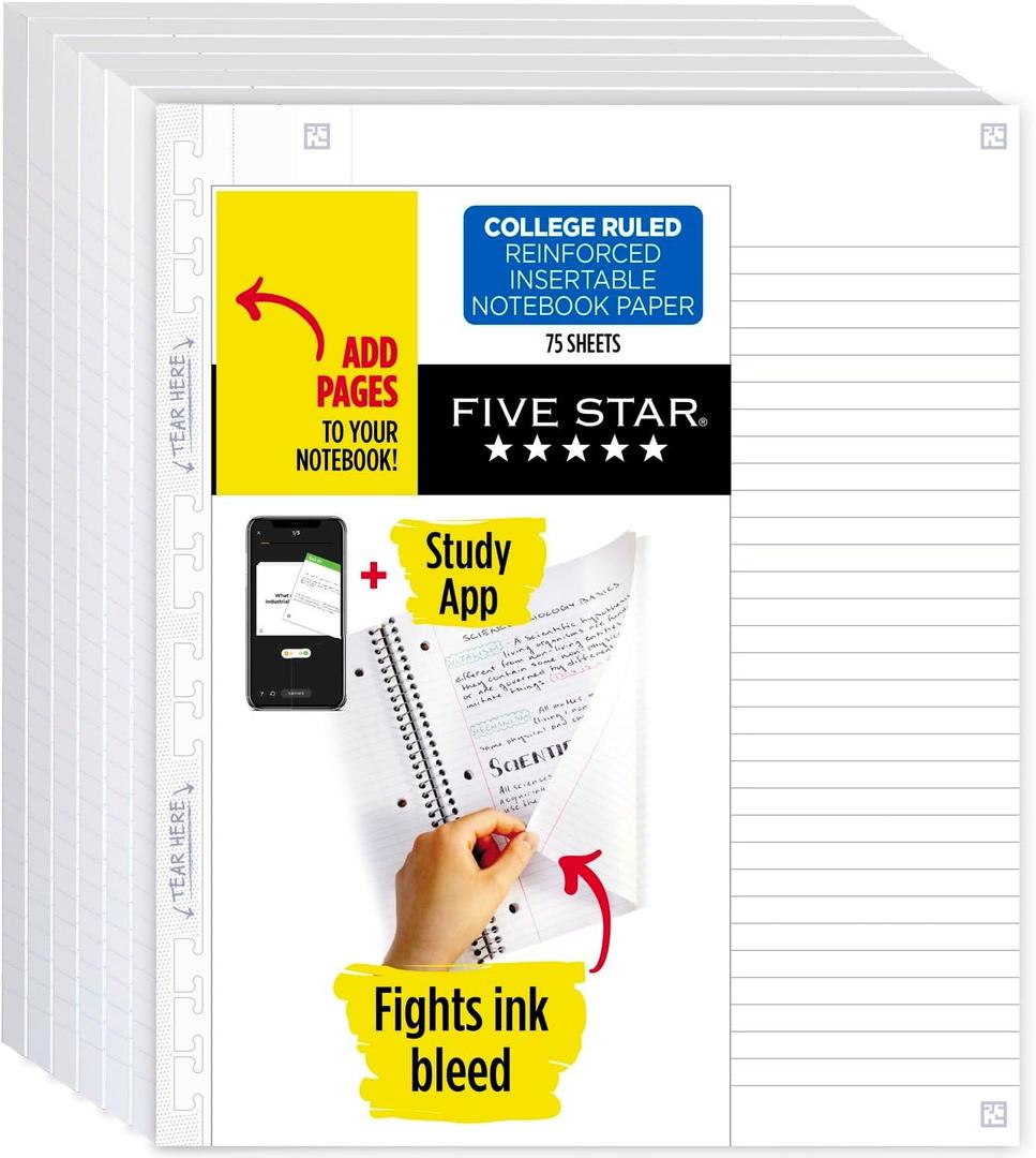 Five Star Insertable Loose Leaf Paper + Study App, 6 Pack, Notebook Paper, College Ruled to Add Pages, Reinforced, 8.5 x 11, 75 Sheets per Pack (170015)