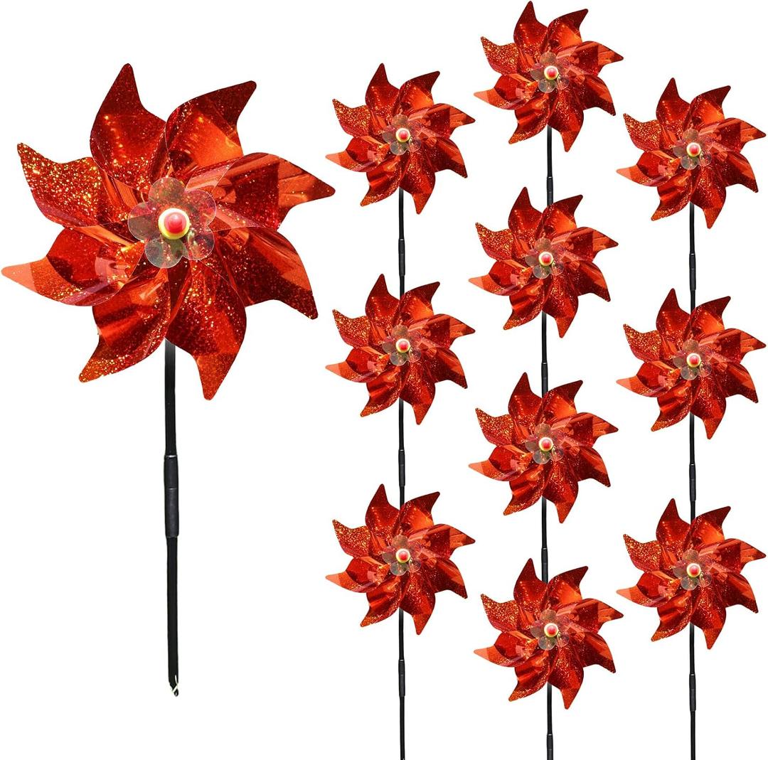 10 Pieces 9.5 Inches Orange Pinwheels Windmill Wind Spinners Outdoor for Yard Garden Lawn Bird Repellent, Plastic Foil Reflective Colorful Pin Wheels for Fall Autumn Halloween Thanksgiving Day