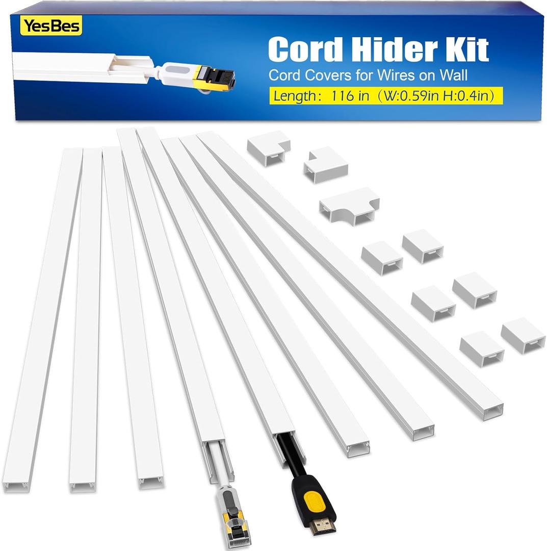 116in Cord Hider Kit, Cord Covers for Wires on Wall, Cord Hider for Wall Mount tv, Paintable Cable Raceway, tv Cable Hider Wall kit, Wire Covers for Cords, W0.59in X H0.4in, White