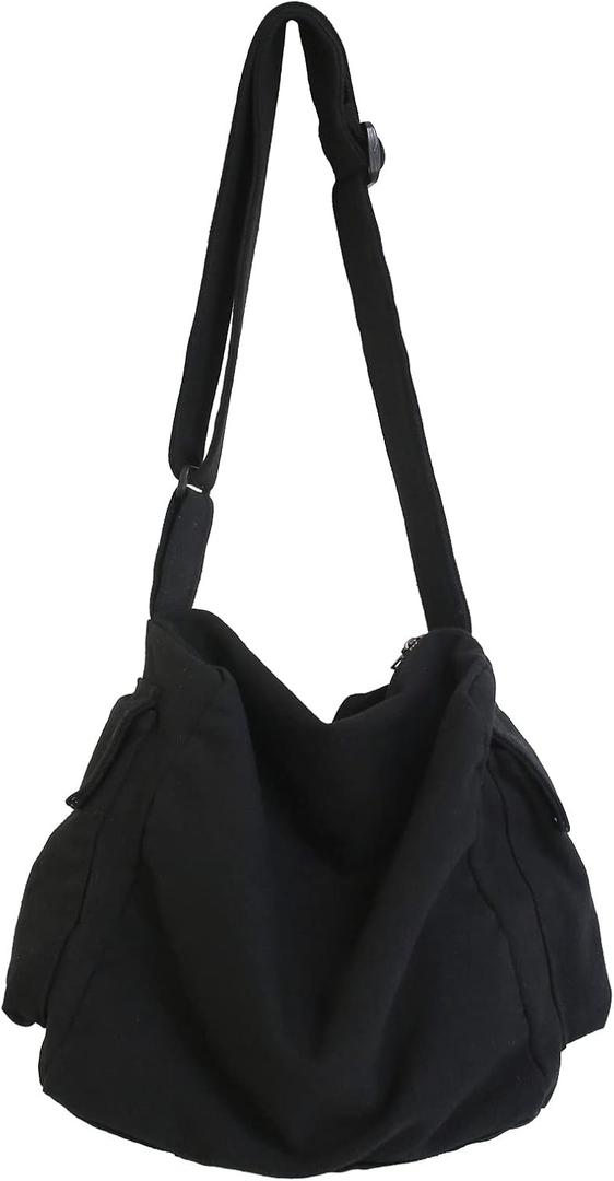 KlaOYer Canvas Messenger Bag Large Hobo Bag Crossbody Shoulder Bag Tote Bag with Pocket for Women and Men (Black 2)