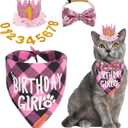 ADOGGYGO Cat Birthday Party Supplies, Birthday Girl Plaid Kitten Bandana, Pink Cat Party Hat with Numbers, Bowtie (Pink)