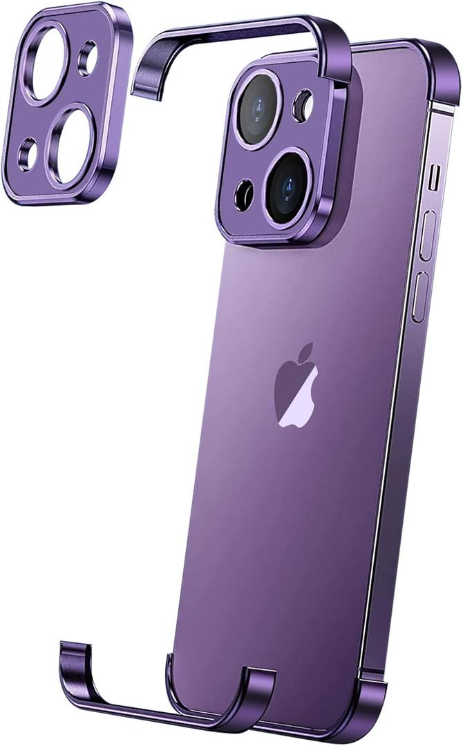 Losin Compatible with iPhone 15 Case with Camera Lens Protector, Aluminum Metal Frameless, Borderless Design, Slim Thin & Lightweight, Shockproof Protective Bumper Cover, for Women and Men (Purple)