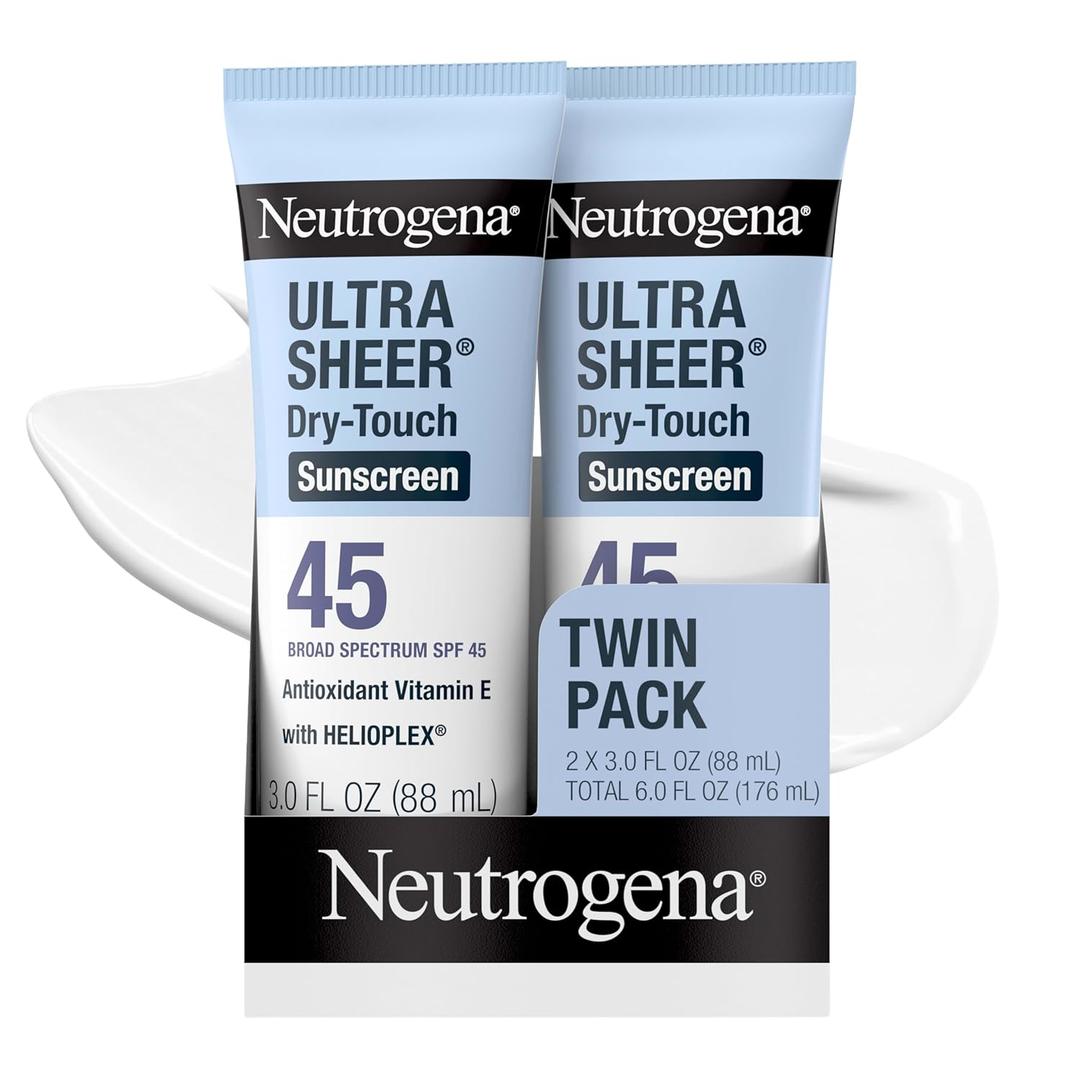 Neutrogena Ultra Sheer DryTouch Sunscreen For Face & Body, SPF 45 Broad Spectrum UVA/UVB Protection, Lightweight Water Resistant & NonGreasy, Travel Size Sunscreen, 3 fl. oz 2 pack