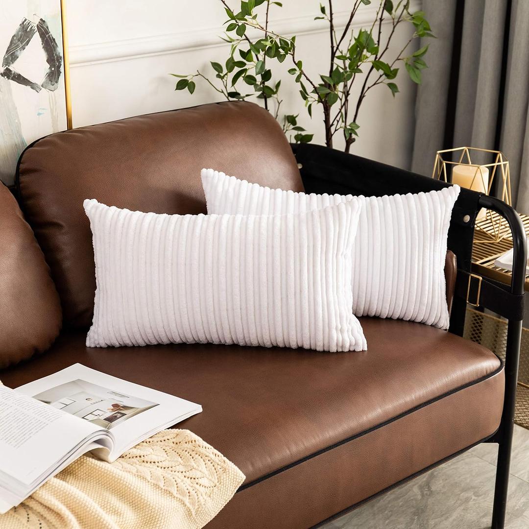 2 x UGASA Pack of 2, Velvet Pillow Covers Striped, Soft Textured Throw Cushion Case Set, Accent Corduroy Lumbar Pillowcases with Hidden Zipper for Home Decor Indoor Outdoor (12"x20", Pure White)