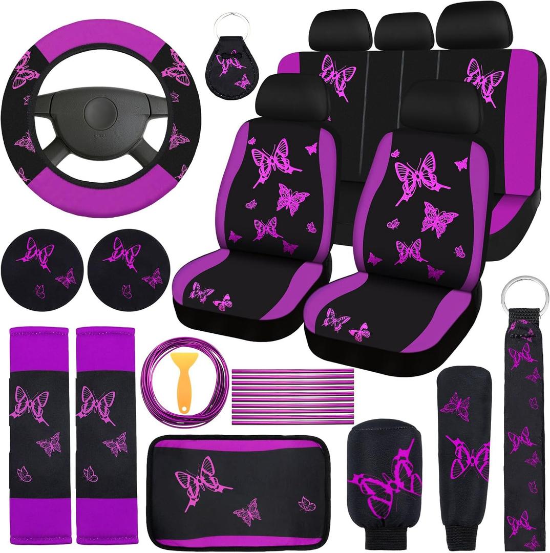 BBTO 43 Pcs Butterfly Car Seat Full Set Butterfly Car Accessories for Women 5 Front Rear Seat Covers Wrist Strap 2 Pcs Cup Mat Armrest Pad 2 Belt Cover Accessories for SUV, (Purple, Black)