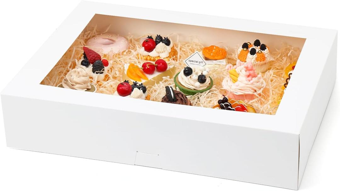 Moretoes 10pcs 19x14x4in White Bakery Boxes, Half Sheet Cake Boxes with Window, for Pastry Baking Cake Donuts Cupcake Pie Packaging