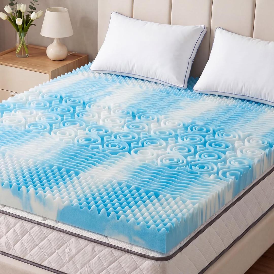 DUMOS 2 Inch Memory Foam Mattress Topper Queen, 5-Zone Cooling Gel Infused Pressure Relief Bed Topper for Back & Hip Pain, Soft Dorm RV Camping Mattress Pad, Blue