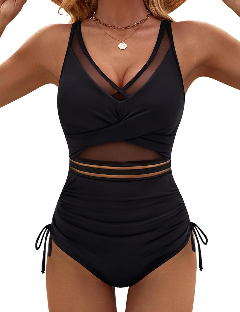 Blooming Jelly Womens Tummy Control One Piece Swimsuits Mesh Modest Slimming Bathing Suit Twist Push Up Swim Suits 2025 (Medium, Black)