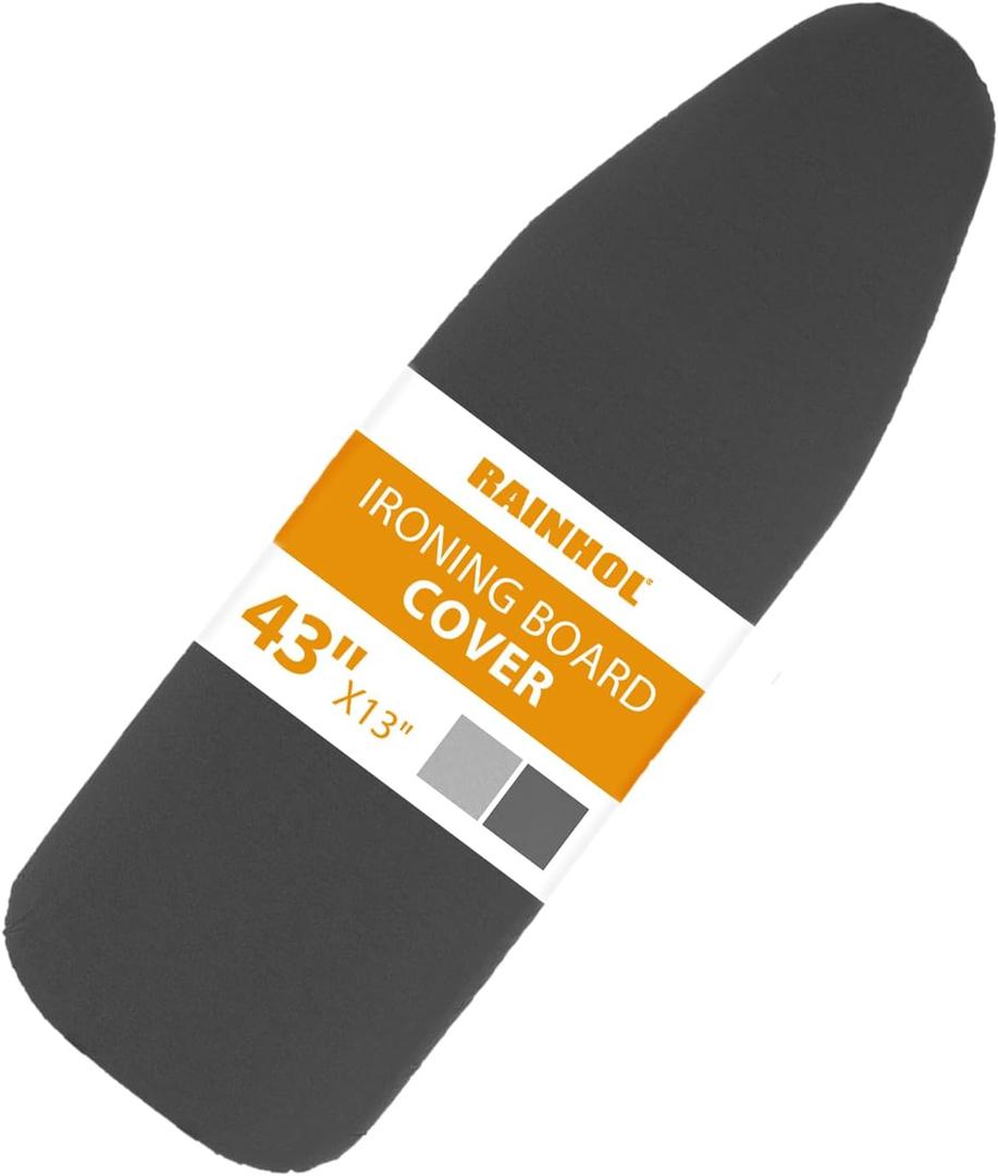RAINHOL 43x13 Small Ironing Board Cover and Pad, Iron Board Replacement Cover, Thick Felt Padding, Scorch Resistant 100% Cotton, Heat Reflective, Elastic Edge, Black