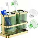 Toothbrush Holders for Bathrooms, Toothbrush Holder Wall Mounted, Kitchen Utensil Holder, 2 Cups Dry & Wet Separation, Kitchen Bathroom Tooth Brush Holder Organizers and Storage (Green Gold)