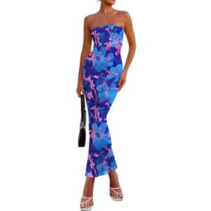 PRETTYGARDEN Women's 2026 Summer Floral Bodycon Maxi Dresses Ribbed Strapless Tube Casual Boho Party Long Dress (Blue, XXL)