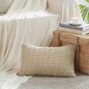 Fancy Homi Tan Lumbar Decorative Throw Pillow Covers 12x24 Inch for Living Room Couch Bed Sofa, Rustic Farmhouse Boho Home Decor, Soft Striped Corduroy Rectangle Cushion Case 30x60 cm