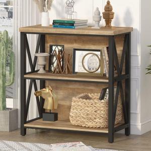 FATORRI Small Bookcase, Wood and Metal Low Short Bookshelf, Industrial Book Case and Rustic Book Shelf for Small Space (Rustic Oak), Without Drawer