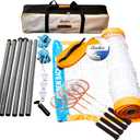 Baden Champions Volleyball/Badminton Portable Combo Set, 4 Raquets + 3 Birdies + Boundary + Volleyball + Pump + Carry Bag (32 ft Wide Net, Orange/Blue (New Model))