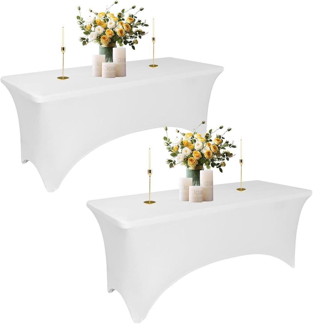 2Pack White Spandex Table Covers for 6 Foot Tables - 6 FT Universal Rectangular Fitted Stretch Tablecloth Protector, Washable and Wrinkle Resistant, Perfect for Trade Shows, Wedding, Party