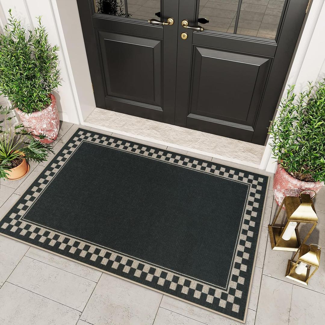 OJIA Easy Jute Outdoor Rug 3x5 Washable Rugs for Entryway, Checkered Border Black Front Door Rug Non-Slip Door Mats Indoor Outdoor Rugs Farmhouse 3x5 Area Rug for Porch Outside Patio Living Room