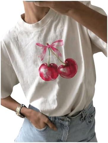 QJQ Women's Graphic Oversized Tshirts Cherry Bow Short Sleeve Crewneck Tees Casual Summer Trendy Vintage Tops, Size M