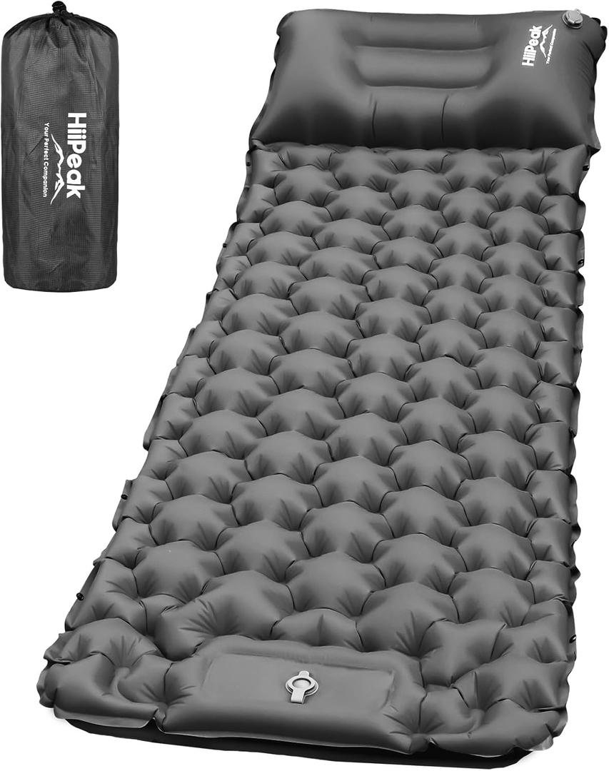 HiiPeak Sleeping Pad for Camping- Ultralight Inflatable Sleeping Mat with Built-in Foot Pump & Pillow, Upgraded Compact Camping Air Mattress for Camping, Backpacking, Hiking (Grey)