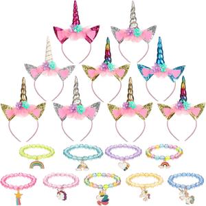 Jexine 18 Piece Unicorn Party Favors Include 9 Unicorn Horn Headbands Bulk Glitter Ears Flower 9 Rainbow Beaded Bracelets for Girls Friendship Gift for Christmas Birthday Party Decoration