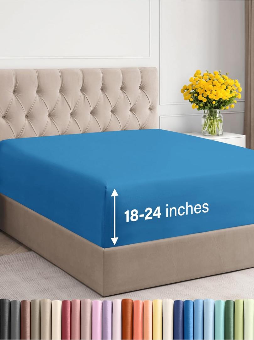 Extra Deep King Fitted Sheet - Hotel Luxury Single Fitted Sheet Only - Easily Fits 18 inch to 24 inch Mattress - Ultra Soft, Wrinkle & Fade Free w/Extra Deep Pockets - Breathable & Comfy - Denim Blue (20 - Denim Blue)