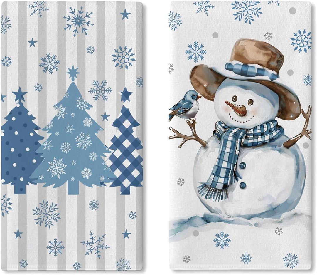 Winter Snowman Kitchen Dish Towels Set of 2, Blue Christmas Tree Snowflake Bird Drying Hand Towel Baking Cooking Cloth, Farmhouse Polka Dots Stripes Plaid Bathroom Home Decoration 18'' x 26''