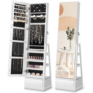 Nicetree 360Swivel Jewelry Cabinet, Rotatable Full Length Mirror with Jewelry Storage, Standing Jewelry Armoire Organizer, Lockable Jewelry Organizer with 3 Rear Shelves, Bottom Drawer, Pure White
