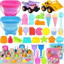 EULRGAUS Beach Toys, 36 PCS Sand Toys with Construction Vehicles, Collapsible Bucket, Princess & Prince and Ice Cream Toys, Sand Castle Building Kit, Beach Shovel, Beach Games for Kids, Boys and Girls