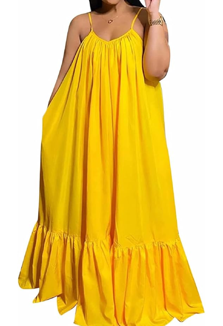 Womens Sexy Sleeveless Spaghetti Strap Dress Ruched Ruffle Hem Beach Loose Long Maxi Swing Dress Plus Size XL