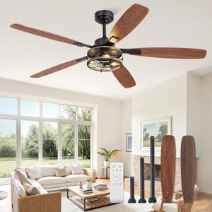 60 Inch Farmhouse Ceiling Fan with Light and Remote, Black Industrial Caged Flush Mount Ceiling Fans with 6 Speed Reversible Motor and Dual Finish 5 Blades, Rustic Ceiling Fan for Living room, Bedroom