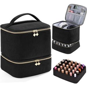 Corduroy Nail Polish Organizer and Nail Lamp Case, Nail Kit Organizer Holds 30 Bottles (15ml - 0.5 fl.oz) and a Nail Lamp, Nail Polish Carrying Case with Manicure Tools Storage Sections (Black)