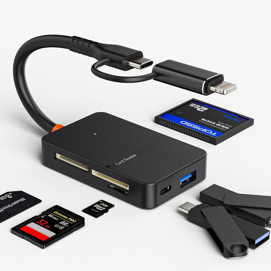 Memory Card Reader, 6in1 USB 3.0 and Lightning to SD Micro SD MS CF Card Reader Adapter with 5Gbps USB-A/C Data Ports, 4 Cards Simultaneously Read and Write, for iPhone, Laptop, MacBook, iPad and More