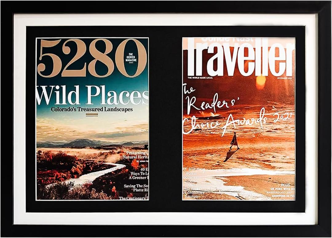 Comic Book Display Case,Black wood Double Magazine Frame, book display,Sports Magazine Frame Displays for 8.5 x 11.25 magazines or 8X 12 comic books,14.8X20.7 photo frame,with Black/White Mat.