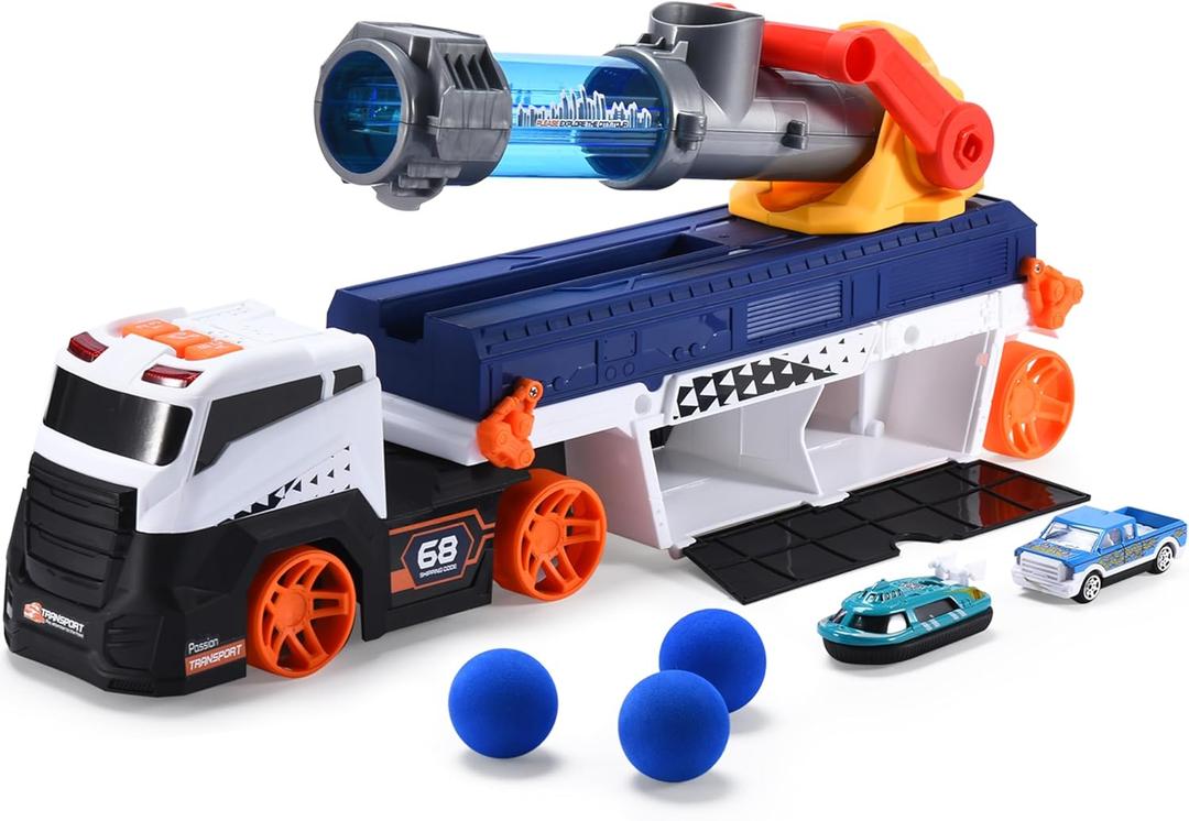 Top Race Cannonball Truck - Adjustable Barrel, EVA Ball Launcher - Realistic, Durable, Interactive Toy Vehicle for Toddlers - Promotes Motor Skills and Creative Play for Children - 18.1x3.9x6.6 inches