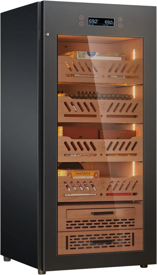 Cigar Humidor for Aging&Storage, YohTron 88L Constant Humidity&Temperature Cigar Humidor Cabinet with Spanish Cedar Liner&Shelves for Household, Office and Cigar Bar - Black
