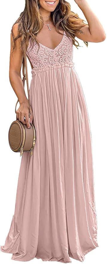 Ladmous Women's V Neck Floral Lace Wedding Dress Sleeveless Bridesmaid Evening Party Maxi Dress, Medium