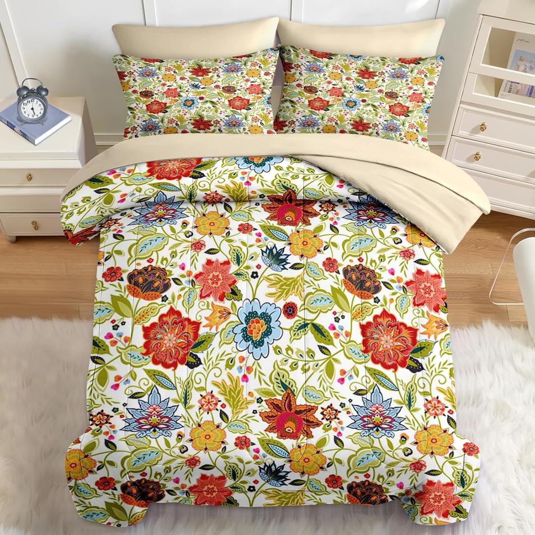 Nesker 7 Pcs Spring Comforter Set Queen Size, Floral Boho Bedding Set for Kids and Adults, Vibrant Leaves Bed Sheet Sets with Fitted Sheet 2 Pillowcases & 2 Shams