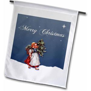 3dRose fl_170411_1 Cute Dutch Girl Carrying a Small Christmas Tree Under The Stars Garden Flag, 12 by 18-Inch