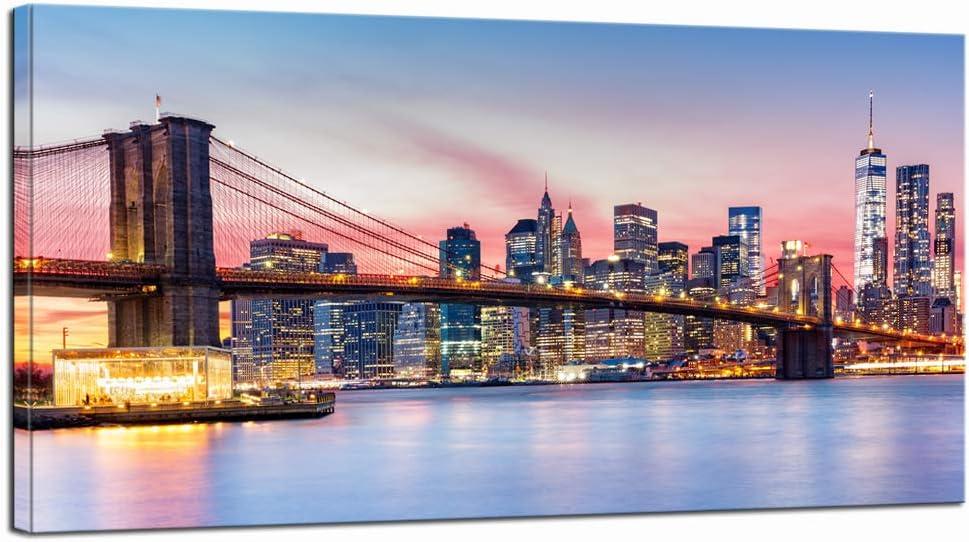 LevvArts - Brooklyn Bridge Wall Art New York City Night View Pictures Print Modern Manhattan Skyline Photo Cityscape Canvas for Living Room Office Decoration 24"x48"