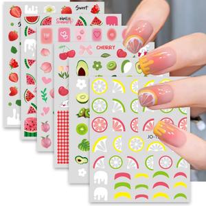 4 x 6 Sheets Fruit Nails Stickers Nails Art Stickers 3D Self Adhesive Colorful Fruit Nail Decals with Mixed Cherry Watermelon Strawberry Lemon Nail Design Nail Art Supplies for Women Nail Decorations