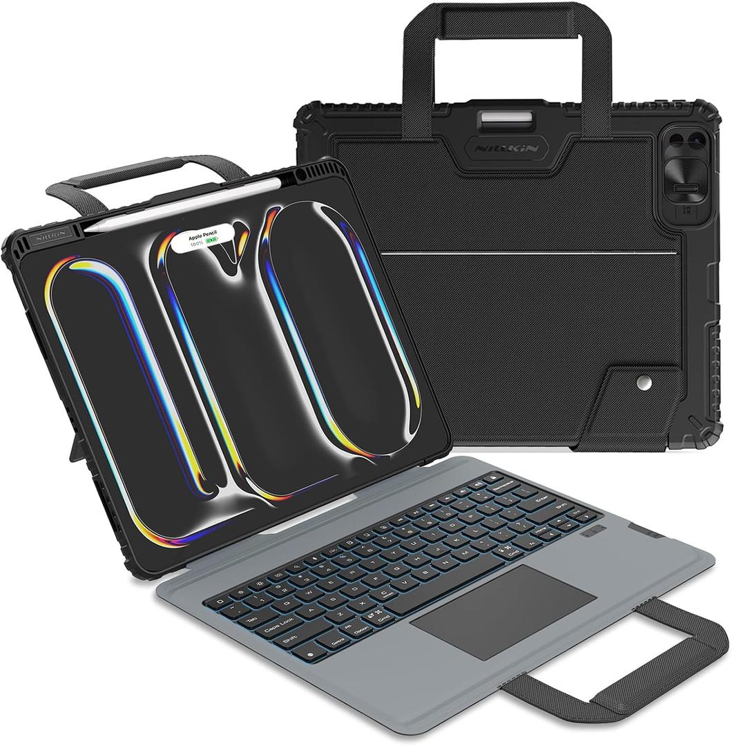 Nillkin Carry Go Keyboard Case for iPad Pro 13 inch (M5, 2025/M4,2024) with Handle, Rugged Case with Detachable Keyboard for iPad Pro 13", Magic Trackpad, 7 Colors Backlit, Portrait/Landscape, Black