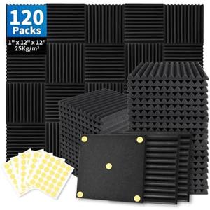 Focusound 120 Pack Acoustic Foam Panels 1" x 12" x 12" Sound Proof Foam Panels Soundproofing Noise Cancelling Wedge Panels for Home Office Recoding Studio with 600 PCS Double-Side Adhesive
