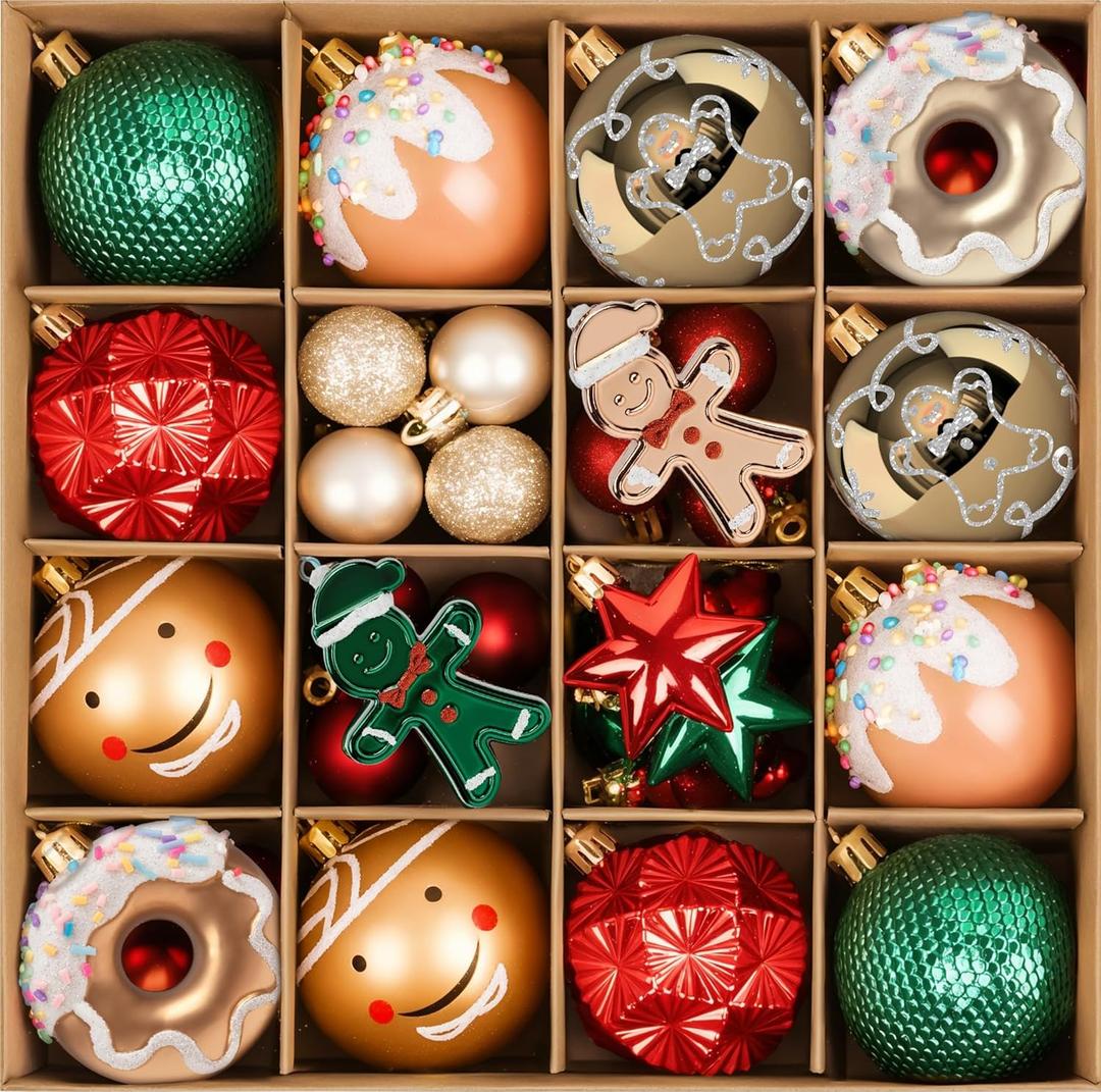 Gingerbread Christmas Ornaments, 42ct Red Green Brown Christmas Tree Decorations, Shatterproof Christmas Hanging Balls Ornament for Mini Tree Centerpiece Home Decor