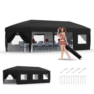 10x30 Pop Up Canopy with 8 Sidewalls - Heavy Duty Outdoor Canopy Tent with Portable Roller Bag - 3 Adjustable Height, 8 Weight Bags, 8 Stakes & 6 Guy Ropes Included, Black