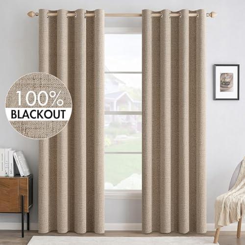 MIULEE 100% Blackout Linen Textured Curtains for Bedroom Solid Thermal Insulated Copper Brown Grommet Room Darkening Curtains & Drapes Luxury Decor for Living Room Nursery 52 x 90Inch (2 Panels)