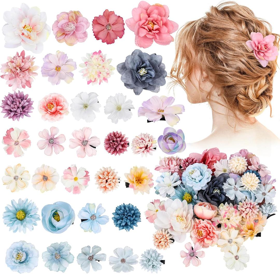 32 Pieces Flower Hair Clip for Women Artificial Rose Hair Accessories Bride Claw Clip Floral Barrettes for Girls(Pink White Purple Blue)