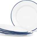 Red Co. Set of 4 Enamelware Metal Classic 10" Round Dinner Plate, Solid White/Navy Blue Rim